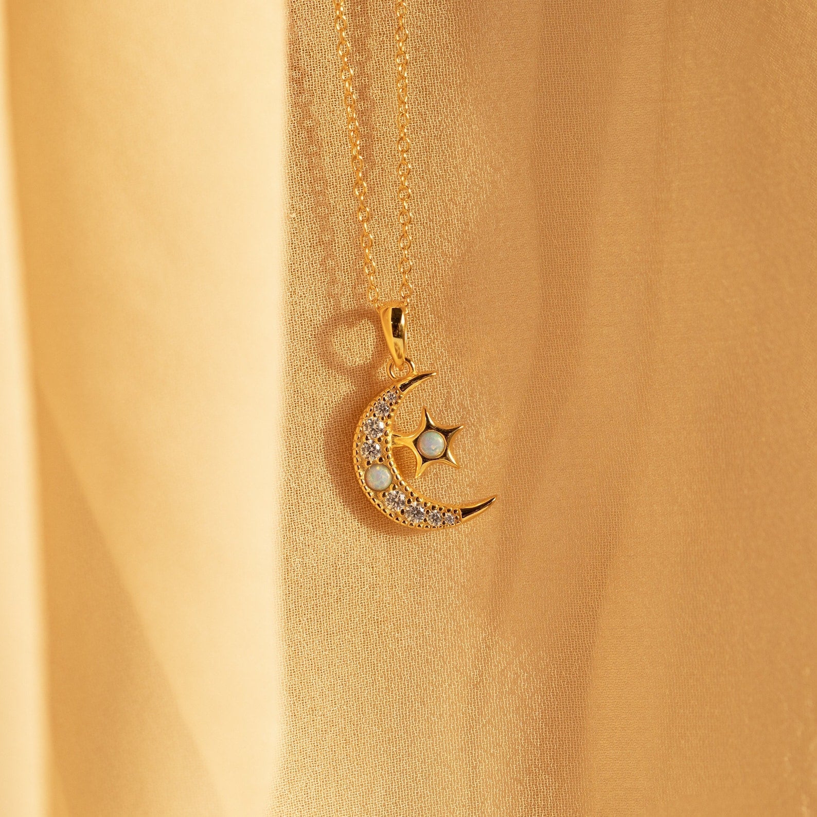 Opal Moon & Star Necklace 18K Gold